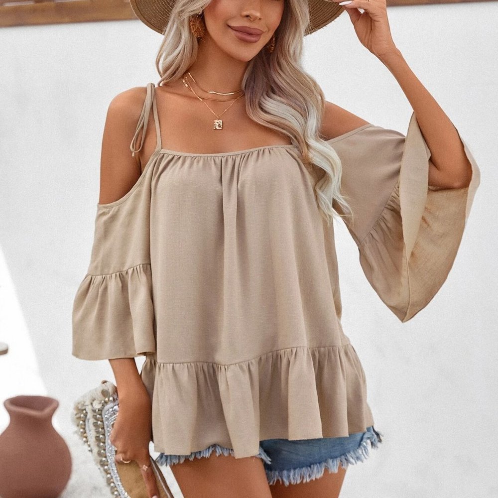 Khaki Boho Womens Cold Shoulder Ruffle Hem Solid Blouse - Picture 3 of 5